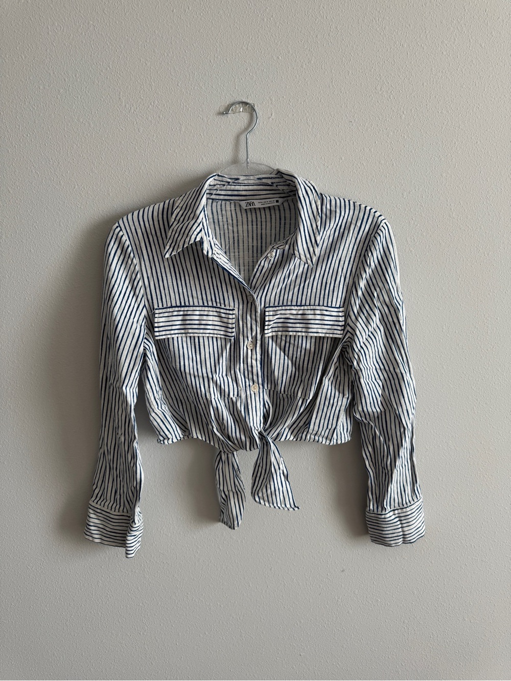 Zara Navy Stripe Tie-Front Button-Up Shirt